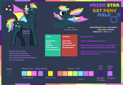 Size: 1600x1106 | Tagged: safe, artist:dashienova, artist:monycaalot, artist:scrimmypone, oc, oc only, oc:prism star, bat pony, pony, bat pony oc, bat wings, color palette, colorful, fangs, heterochromia, male, rainbow, reference sheet, smiling, solo, spread wings, wings