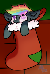 Size: 2189x3265 | Tagged: safe, artist:exobass, oc, oc only, oc:prism star, bat pony, pony, bat pony oc, christmas, christmas stocking, commission, complex background, ethereal mane, glowing, glowing eyes, glowing mane, heterochromia, high res, holiday, looking up, male, multicolored hair, rainbow hair, solo, starry mane, tiny, tiny ponies, ych result