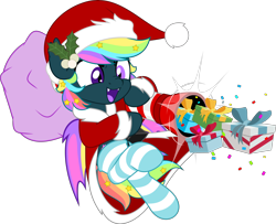 Size: 6162x5000 | Tagged: safe, artist:jhayarr23, oc, oc only, oc:prism star, bat pony, pony, bat pony oc, bat wings, cannon, christmas, clothes, commission, confetti, costume, cross-eyed, excited, fangs, hat, heterochromia, holiday, male, mistleholly, multicolored hair, open mouth, open smile, party cannon, present, present cannon, rainbow hair, santa costume, santa hat, simple background, smiling, socks, solo, spread wings, striped socks, transparent background, wings, ych result