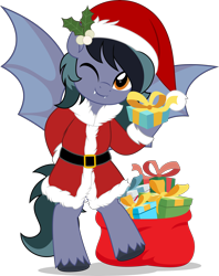 Size: 3959x5000 | Tagged: safe, artist:jhayarr23, oc, oc only, oc:scrimmy, bat pony, pony, bag, bat pony oc, bat wings, bipedal, christmas, clothes, commission, costume, cute, fangs, hat, heterochromia, holding a present, holiday, looking at you, male, mistleholly, ocbetes, one eye closed, present, santa costume, santa hat, simple background, smiling, solo, spread wings, transparent background, unshorn fetlocks, wings, wink, winking at you, ych result