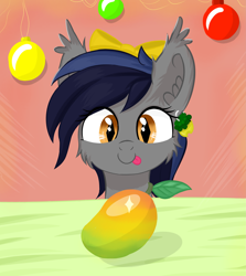 Size: 3333x3743 | Tagged: safe, artist:fa11en, oc, oc only, oc:echo, bat pony, pony, bat pony oc, bow, ear fluff, food, hair bow, herbivore, high res, hungry, imminent nom, mango, piercing, solo, tongue out