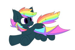 Size: 3986x2682 | Tagged: safe, artist:monycaalot, oc, oc only, oc:prism star, bat pony, pony, 2023 community collab, derpibooru community collaboration, bat pony oc, bat wings, commission, fangs, flying, heterochromia, high res, male, multicolored hair, rainbow hair, simple background, smiling, solo, spread wings, transparent background, wings