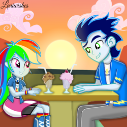 Size: 1300x1300 | Tagged: safe, artist:mlplary6, rainbow dash, soarin', human, equestria girls, g4, boots, boyfriend and girlfriend, date, female, looking at each other, looking at someone, male, milkshake, ship:soarindash, shipping, shoes, sitting, smiling, smiling at each other, straight, sunset