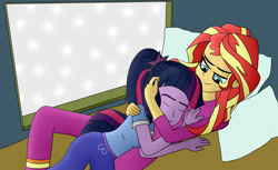 Size: 900x550 | Tagged: safe, artist:thesleeplessbeholder, sci-twi, sunset shimmer, twilight sparkle, human, fanfic:her warmth, equestria girls, g4, bed, clothes, cuddling, fanfic art, female, lesbian, pajamas, ship:sci-twishimmer, ship:sunsetsparkle, shipping, sleeping, snuggling, sunset's apartment