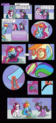 Size: 2000x4400 | Tagged: safe, artist:andromedasparkz, cayenne, lily love, rainbow dash, pegasus, pony, unicorn, g4, brush, clothes, comic, cucumber, dress, female, food, glowing, glowing horn, hairbrush, hooficure, horn, implied rarity, magic, magic aura, mare, misspelling, mud mask, nail file, rainbow dash always dresses in style, spa, telekinesis, tomboy taming