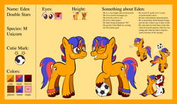 Size: 1920x1134 | Tagged: safe, artist:alexdti, oc, oc only, oc:eden double stars, oc:zendra flame, pony, unicorn, female, football, magic, male, mare, reference sheet, sports, stallion