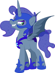 Size: 1920x2583 | Tagged: safe, artist:alexdti, oc, oc only, oc:brainstorm (alexdti), alicorn, bat pony, bat pony alicorn, pony, bat pony oc, bat wings, clothes, costume, evil grin, female, full body, grin, high res, hoof shoes, hooves, horn, looking at you, mare, narrowed eyes, nightmare moon costume, nightmare night costume, sharp teeth, simple background, smiling, smiling at you, solo, spread wings, standing, teeth, transparent background, wings