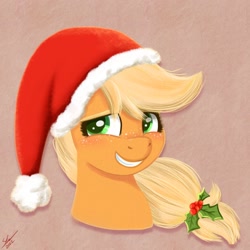 Size: 1882x1882 | Tagged: safe, artist:galaxy swirl, applejack, earth pony, pony, g4, bust, christmas, cute, grin, hat, holiday, holly, jackabetes, santa hat, smiling, solo