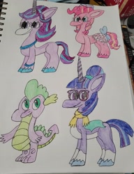 Size: 2856x3728 | Tagged: safe, artist:mintwhistle, pinkie pie, spike, starlight glimmer, twilight sparkle, dragon, earth pony, pony, unicorn, g4, g5, alternate color palette, alternate hairstyle, appaloosa, bow, bracelet, clothes, coat markings, colored hooves, crayon drawing, facial markings, female, g4 to g5, generation leap, glasses, group, hair bow, hair bun, high res, jewelry, looking back, male, mare, missing cutie mark, pale belly, pen drawing, pigtails, quartet, redesign, sash, scarf, scrunchie, sketchbook, smiling, socks (coat markings), star (coat marking), tail, tail bow, towel, traditional art, unicorn twilight, unshorn fetlocks