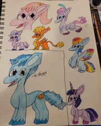 Size: 2741x3401 | Tagged: safe, artist:mintwhistle, rainbow dash, twilight sparkle, twilight twinkle, oc, unnamed oc, crystal pony, dracony, dragon, earth pony, hybrid, pegasus, pony, unicorn, g3, g4, g5, box, coat markings, colored hooves, colored wings, crayon drawing, crystal pony oc, disembodied head, earth pony oc, fangs, flying, g3 to g5, g4 to g5, generation leap, hairband, high res, jumping, leaping, looking at you, looking back, multicolored hair, multicolored mane, not crystal hoof, open mouth, open smile, pen drawing, ponytail, sketchbook, smiling, socks (coat markings), spread wings, talking to viewer, traditional art, unicorn twilight, unshorn fetlocks, wings