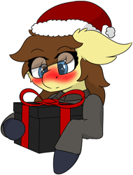 Size: 4471x5898 | Tagged: safe, artist:skylarpalette, oc, oc only, oc:clover springs, earth pony, pony, blushing, christmas, clothes, cute, earth pony oc, female, fluffy, hat, holiday, looking down, mare, present, santa hat, simple background, simple shading, solo, surprised, transparent background, uniform