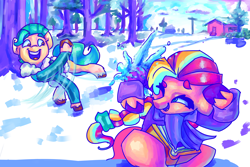 Size: 3600x2400 | Tagged: safe, artist:mannybcadavera, hitch trailblazer, sunny starscout, earth pony, pony, g5, clothes, coat, cute, duo, female, high res, male, mane stripe sunny, mare, open mouth, open smile, smiling, snow, snowball, snowball fight, stallion, winter
