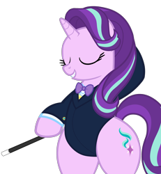 Size: 4600x4976 | Tagged: safe, alternate version, artist:mrvector, starlight glimmer, pony, unicorn, g4, absurd resolution, bipedal, bowtie, clothes, collar, cute, eyes closed, female, glimmerbetes, hind legs, mare, simple background, smiling, solo, standing on two hooves, suit, transparent background, wand, wide hips