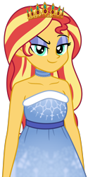 Size: 2894x5794 | Tagged: safe, artist:emeraldblast63, sunset shimmer, human, equestria girls, g4, bare shoulders, choker, clothes, crown, dress, eyeshadow, female, jewelry, lidded eyes, makeup, regalia, simple background, sleeveless, solo, strapless, transparent background