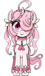 Size: 711x1200 | Tagged: safe, artist:tsudashie, oc, oc only, oc:stella shine, pony, unicorn, 2023 community collab, derpibooru community collaboration, clothes, female, hair covering face, hair ornament, one eye closed, one eye covered, one eyed, pink hair, simple background, smiling, solo, transparent background