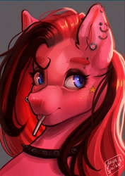 Size: 2894x4093 | Tagged: safe, artist:jaynsparkle, pinkie pie, earth pony, pony, g4, bust, choker, cigarette, ear piercing, earring, eyebrow piercing, female, goth, gray background, high res, jewelry, mare, mouth hold, nose piercing, nose ring, piercing, pinkamena diane pie, punkamena, punkie pie, signature, simple background, solo
