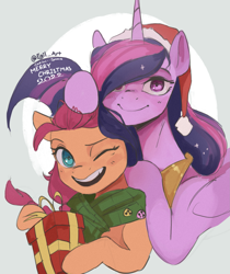 Size: 1585x1886 | Tagged: safe, artist:egil, sunny starscout, twilight sparkle, alicorn, earth pony, pony, g5, blushing, christmas, clothes, duo, hat, height difference, holiday, looking at you, older, older twilight, older twilight sparkle (alicorn), present, princess twilight 2.0, santa hat, scarf, smiling, smiling at you, sternocleidomastoid, sunny and her heroine, twilight sparkle (alicorn)