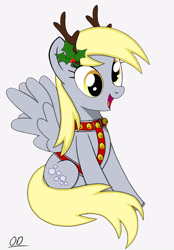 Size: 2476x3551 | Tagged: safe, alternate version, artist:oleniandeer, derpy hooves, pegasus, pony, g4, animal costume, antlers, bells, costume, derp, female, harness, high res, mare, open mouth, open smile, reindeer antlers, reindeer costume, signature, simple background, sitting, smiling, solo, spread wings, tack, white background, wings