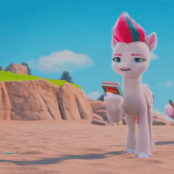 Size: 293x293 | Tagged: safe, screencap, zipp storm, pegasus, pony, g5, my little pony: make your mark, my little pony: make your mark chapter 2, portrait of a princess, spoiler:my little pony: make your mark chapter 2, spoiler:mymc02e03, 3d, animated, cropped, day, eyes closed, faint, female, flop, frown, gif, hoof hold, lidded eyes, lying down, mare, on side, open mouth, sand, sky, slow motion, solo