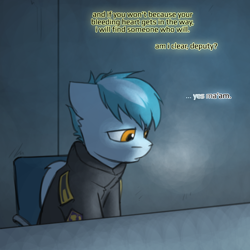 Size: 800x800 | Tagged: safe, artist:captainhoers, oc, oc:concorde, pegasus, pony, the sunjackers, dialogue, looking down, offscreen character, offspring, parent:soarin', parent:spitfire, parents:soarinfire, solo