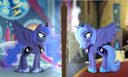 Size: 2500x1500 | Tagged: safe, artist:kiracatastic, princess luna, alicorn, pony, g4, canterlot castle, castle of the royal pony sisters, duality, female, mare, mirror, s1 luna, self paradox, self ponidox