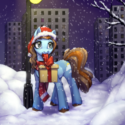 Size: 2000x2000 | Tagged: safe, artist:nika-rain, oc, oc only, oc:sertpony, earth pony, pony, christmas, clothes, gift art, hat, high res, holiday, male, night, present, santa hat, scarf, sketch, snow, snowfall, solo, streetlight