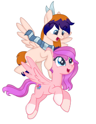 Size: 2888x3720 | Tagged: safe, artist:nitlynjane, oc, oc only, oc:moon tangerine, oc:roselynn, pegasus, 2023 community collab, derpibooru community collaboration, bow, clothes, coat markings, cute, female, flying, hair bow, heterochromia, high res, looking at each other, looking at someone, mare, ocbetes, open mouth, open smile, png, scarf, simple background, smiling, socks (coat markings), spread wings, striped scarf, transparent background, wings