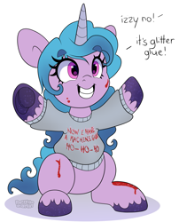 Size: 1973x2445 | Tagged: safe, artist:partypievt, izzy moonbow, pony, unicorn, g5, christmas, christmas sweater, clothes, die hard, female, frog (hoof), glitter, holiday, misleading thumbnail, not blood, simple background, sitting, solo, speech bubble, sweater, text, underhoof, unshorn fetlocks, white background
