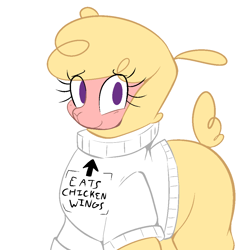 Size: 1000x1000 | Tagged: safe, artist:malachimoet, paprika (tfh), alpaca, them's fightin' herds, clothes, community related, implied ponies eating meat, looking at you, shirt, simple background, solo, white background