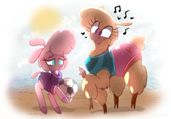 Size: 1126x788 | Tagged: safe, artist:malachimoet, paprika (tfh), pom (tfh), alpaca, lamb, sheep, them's fightin' herds, ball, beach, clothes, cloven hooves, community related, duo, female, food, football, ice cream, no pupils, sports, swimsuit