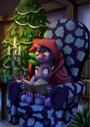 Size: 1202x1700 | Tagged: safe, artist:tarkron, spike, twilight sparkle, dragon, pony, blanket, book, bookshelf, candle, christmas, christmas tree, couch, cute, female, holiday, male, mare, reading, spikabetes, spikelove, tree, twiabetes