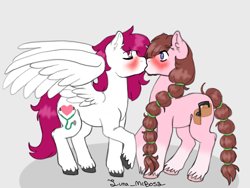 Size: 678x510 | Tagged: safe, artist:luna_mcboss, oc, oc only, oc:dr.heart, oc:yamire, clydesdale, earth pony, pony, blaze (coat marking), blue eyes, blushing, blushing profusely, brown mane, coat markings, duo, ear fluff, eyes closed, facial markings, feathered wings, hair tie, kiss on the lips, kissing, long hair, long hair male, oc x oc, pink coat, pink mane, raised leg, shipping, shocked, shocked expression, shocked eyes, socks (coat markings), unshorn fetlocks, white coat, wholesome, wings