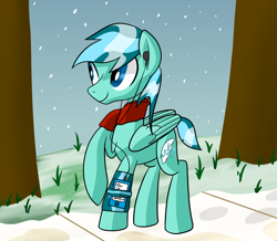Size: 2521x2202 | Tagged: safe, artist:notadeliciouspotato, oc, oc only, oc:wavewind, pegasus, pony, clothes, earbuds, folded wings, high res, looking up, male, mp3 player, raised leg, scarf, smiling, snow, snowfall, socks, solo, stallion, tree, wings