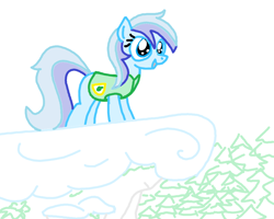 Size: 1000x800 | Tagged: safe, artist:purblehoers, minuette, earth pony, pony, g4, cliff, female, forest, mare, ms paint, race swap, smiling, snow, solo, tree, winter, winter wrap up vest