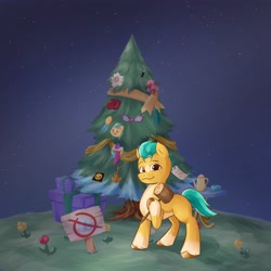 Size: 4096x4096 | Tagged: safe, artist:felldeal, hitch trailblazer, earth pony, pony, series:daily drawing december, g5, christmas, cup, flower, glasses, hammer, holiday, looking at you, male, present, sign, stallion, teacup, teapot, tree, unshorn fetlocks