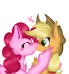 Size: 1633x1737 | Tagged: safe, artist:4agonism, derpibooru exclusive, applejack, pinkie pie, earth pony, pony, g4, applejack's hat, blushing, cheek fluff, chest fluff, chin fluff, cowboy hat, cute, duo, duo female, ear fluff, female, freckles, hat, heart, holding head, hoof on head, kiss on the lips, kissing, lesbian, ponytail, ship:applepie, shipping, simple background, stetson, surprise kiss, those gay horses, unshorn fetlocks, white background