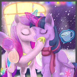 Size: 3508x3508 | Tagged: safe, artist:sufficientgravitas, princess cadance, twilight sparkle, alicorn, pony, g4, cheek kiss, chocolate, christmas, duo, female, food, glowing, glowing horn, high res, holiday, horn, hot chocolate, infidelity, kissing, lesbian, magic, magic aura, marshmallow, night, outdoors, ship:twidance, shipping, sitting, snow, snowfall, standing, telekinesis, twilight sparkle (alicorn), window