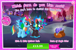 Size: 1958x1296 | Tagged: safe, gameloft, rainbow dash, kirin, nirik, winged kirin, g4, my little pony: magic princess, advertisement, costs real money, duality, english, fangs, female, fire, horn, introduction card, kirin rainbow dash, kirin-ified, magic coins, mane of fire, mobile game, numbers, sale, solo, species swap, spread wings, text, wings