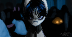Size: 1247x649 | Tagged: safe, artist:janeblood969, artist:staceyld636, pony, emotionless, fanart, female, goth, gothic, light, lightning, mare, ponified, shading, solo, staring at you, wednesday (series), wednesday addams