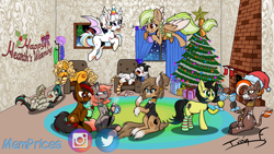 Size: 3840x2160 | Tagged: safe, artist:memprices, oc, oc only, oc:balthy, oc:caramel frappe, oc:confetti cupcake, oc:ginger oreo, oc:orange delight, oc:pauly sentry, oc:seafare breeze, oc:sylvia evergreen, oc:twinny, oc:zhanna, bat pony, earth pony, pegasus, pony, unicorn, zebra, 4k, armchair, bat pony oc, bowtie, braid, braided pigtails, chair, chest fluff, chocolate, christmas, christmas lights, christmas stocking, christmas tree, clothes, clothes hanger, colored, commission, confetti, cookie, curly hair, curly tail, curtains, ear fluff, ear piercing, earring, earth pony oc, eggnog, female, festive, fireplace, flying, food, freckles, gift wrapped, hat, having fun, hearth's warming, hearth's warming eve, high res, holiday, horn, hot chocolate, jewelry, lesbian, licking, licking lips, looking at each other, looking at someone, lying down, marshmallow, mlem, mug, nom, on back, party hat, pegasus oc, photo frame, piercing, pigtails, room, rug, santa hat, signature, silly, simple shading, sitting, sleeping, smiling, smiling at each other, snow, snowfall, social media, socks, standing, tail, talking, toasting, tongue out, toy, tree, unicorn oc, unshorn fetlocks, wallpaper, window, zebra oc