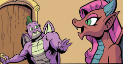 Size: 674x352 | Tagged: safe, artist:andy price, idw, mina, spike, dragon, g4, 10th anniversary edition short: written by spike, female, gigachad spike, male, older, older mina, older spike, shipping, spina, straight