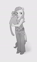 Size: 1146x1920 | Tagged: safe, artist:spectralunicorn, opalescence, rarity, cat, classical unicorn, unicorn, anthro, unguligrade anthro, g4, autism creature, cloven hooves, duo, female, gray background, grayscale, holding a cat, horn, leonine tail, mare, monochrome, simple background, tail, unshorn fetlocks