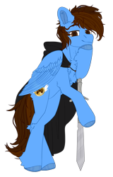 Size: 1945x3040 | Tagged: safe, artist:medkit, oc, oc only, oc:pegasusgamer, oc:sky game, pegasus, pony, 2023 community collab, derpibooru community collaboration, adam's apple, big eyes, chest fluff, cloak, clothes, ear fluff, eyes open, fluffy, folded wings, happy, horseshoes, long tail, looking at you, male, paint tool sai 2, pegasus oc, short mane, simple background, sketch, smiling, solo, stallion, standing, standing on two hooves, sternocleidomastoid, sword, tail, transparent background, weapon, wings