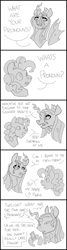 Size: 510x1905 | Tagged: safe, artist:lockandkeyhyena, pinkie pie, queen chrysalis, changeling, changeling queen, earth pony, pony, g4, annoyed, cellphone, comic, confused, duo, female, grayscale, hoof hold, implied twilight sparkle, mare, monochrome, phone, simple background, speech bubble, white background