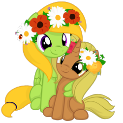 Size: 1200x1200 | Tagged: safe, artist:candy meow, derpibooru exclusive, oc, oc only, oc:aurora lulamoon, oc:candy meow, insect, ladybug, pegasus, pony, unicorn, 2023 community collab, derpibooru community collaboration, clover, daisy (flower), duo, female, filly, floral head wreath, flower, foal, horn, hug, mare, pegasus oc, poppy, rose, simple background, sitting, smiling, thundermeow, transparent background, unicorn oc, winghug, wings