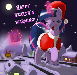 Size: 2520x2445 | Tagged: safe, artist:qkersnll, twilight sparkle, alicorn, pony, g4, blushing, christmas, christmas lights, destruction, eyes closed, female, giant pony, giantess, glowing, glowing horn, happy hearth's warming, hat, hearth's warming, high res, holiday, hoofprints, horn, house, macro, magic, mare, moon, night, present, property damage, santa hat, signature, smiling, snow, solo, twilight sparkle (alicorn), winter