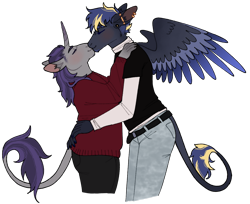 Size: 1280x1044 | Tagged: safe, artist:s0ftserve, oc, oc only, oc:metronome tempo, oc:rainy ruckus, pegasus, unicorn, anthro, clothes, duo, ear piercing, gay, industrial piercing, kissing, leonine tail, magical lesbian spawn, male, offspring, pants, parent:octavia melody, parent:vinyl scratch, parents:scratchtavia, piercing, simple background, sweater, tail, transparent background