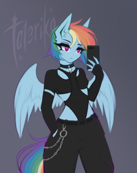Size: 2779x3496 | Tagged: safe, artist:taleriko, rainbow dash, pegasus, anthro, g4, breasts, clothes, cool, explicit source, female, high res, small breasts, solo
