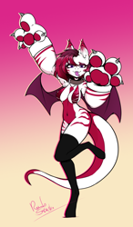 Size: 828x1414 | Tagged: safe, artist:randystrike, oc, oc only, oc:spenser black, bat pony, dragon, anthro, bat wings, bikini, bikini top, clothes, dragon tail, gradient background, paw socks, plushie hands, socks, solo, swimsuit, tail, thigh highs, tongue out, wings