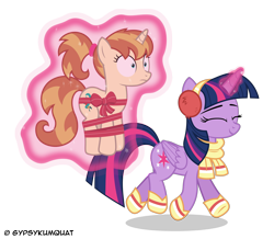 Size: 7407x6448 | Tagged: safe, artist:gypsykumquat, twilight sparkle, oc, oc:clovette, alicorn, pony, unicorn, g4, abduction, absurd file size, bondage, canon x oc, christmas, christmas gift, clothes, eyes closed, hearth's warming eve, holiday, inkscape, kidnapped, levitation, magic, magic aura, present, simple background, smiling, telekinesis, transparent background, trotting, twilight sparkle (alicorn), vector, wide eyes, winter, winter outfit